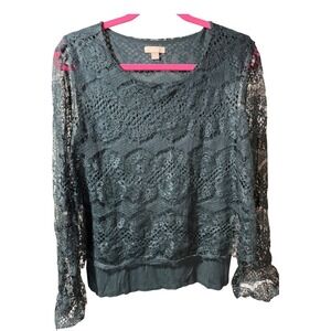 Pointelle Dark Green Lace Overlay Long Sleeve V Neck Blouse Top Women XL Date